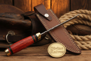 Field-Ready Damascus Gut Hook Knife with Rich Burgundy Wood Grip detail view by Divine Knives