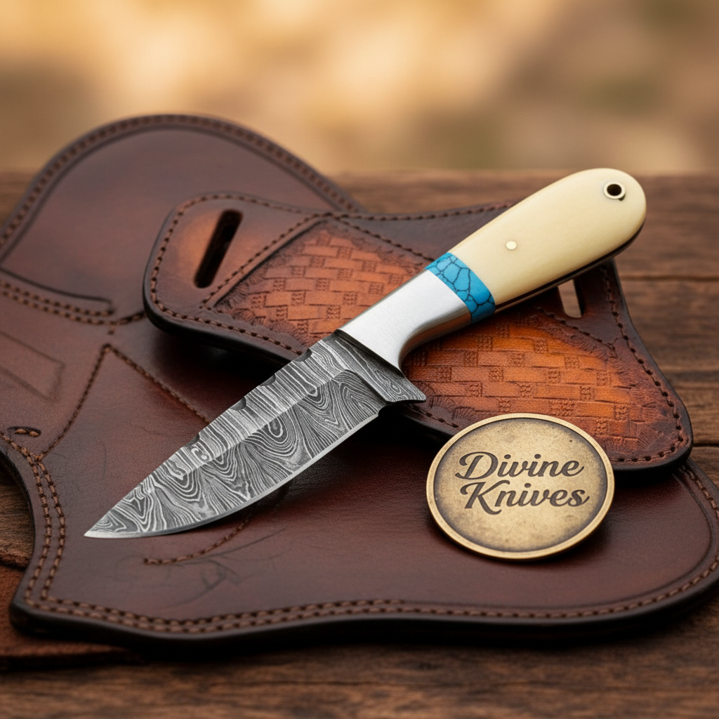 Bone & Turquoise Damascus Cowboy Skinner Knife by Divine Knives
