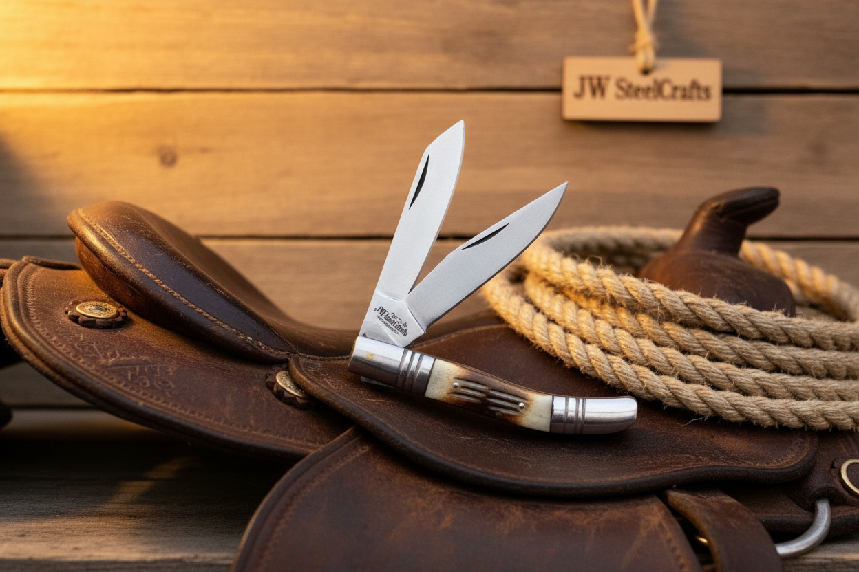 Two-Blade Trapper Knife with Synthetic Stag Horn Handle detail view by JW SteelCrafts