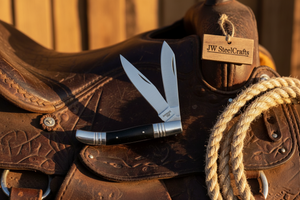 Two-Blade Trapper Knife with Synthetic Stag Horn Handle detail view by JW SteelCrafts