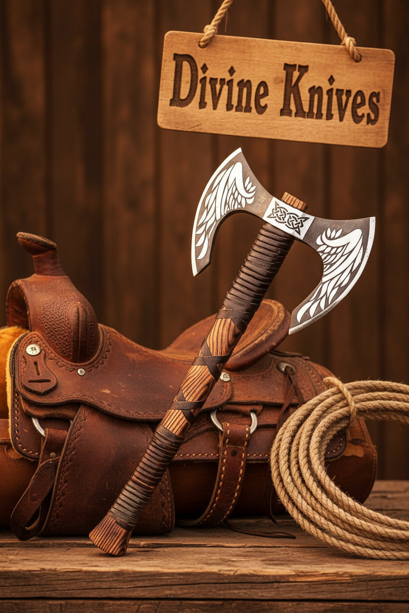 Engraved Viking Wing Axe with Leather-Wrapped Handle by Divine Knives