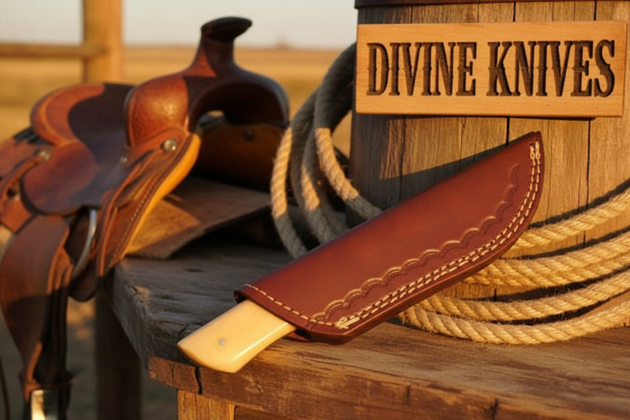 Bone and Wood Accent Damascus Knife Built for Field Dressing detail view by Divine Knives