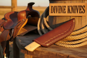 Bone and Wood Accent Damascus Knife Built for Field Dressing detail view by Divine Knives
