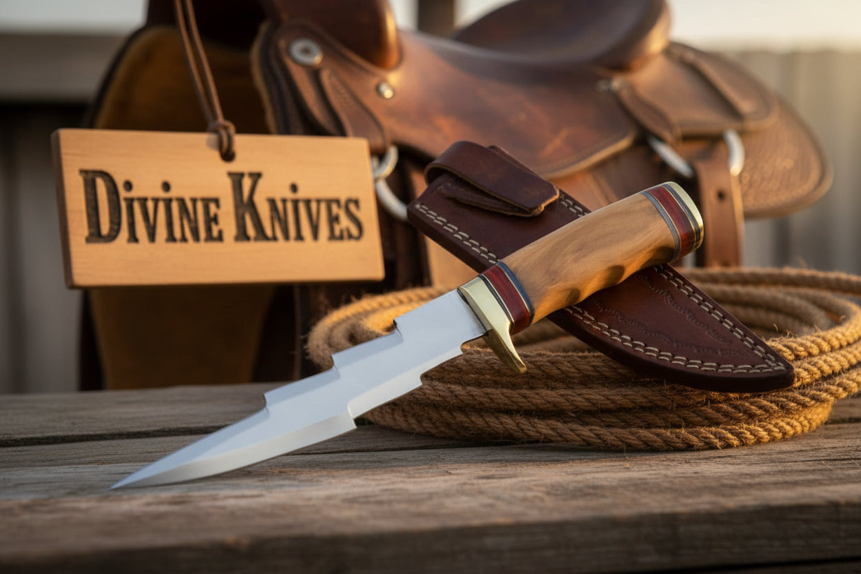Olive Wood Damascus Knife Accented with Red and Brass Rings detail view by Divine Knives