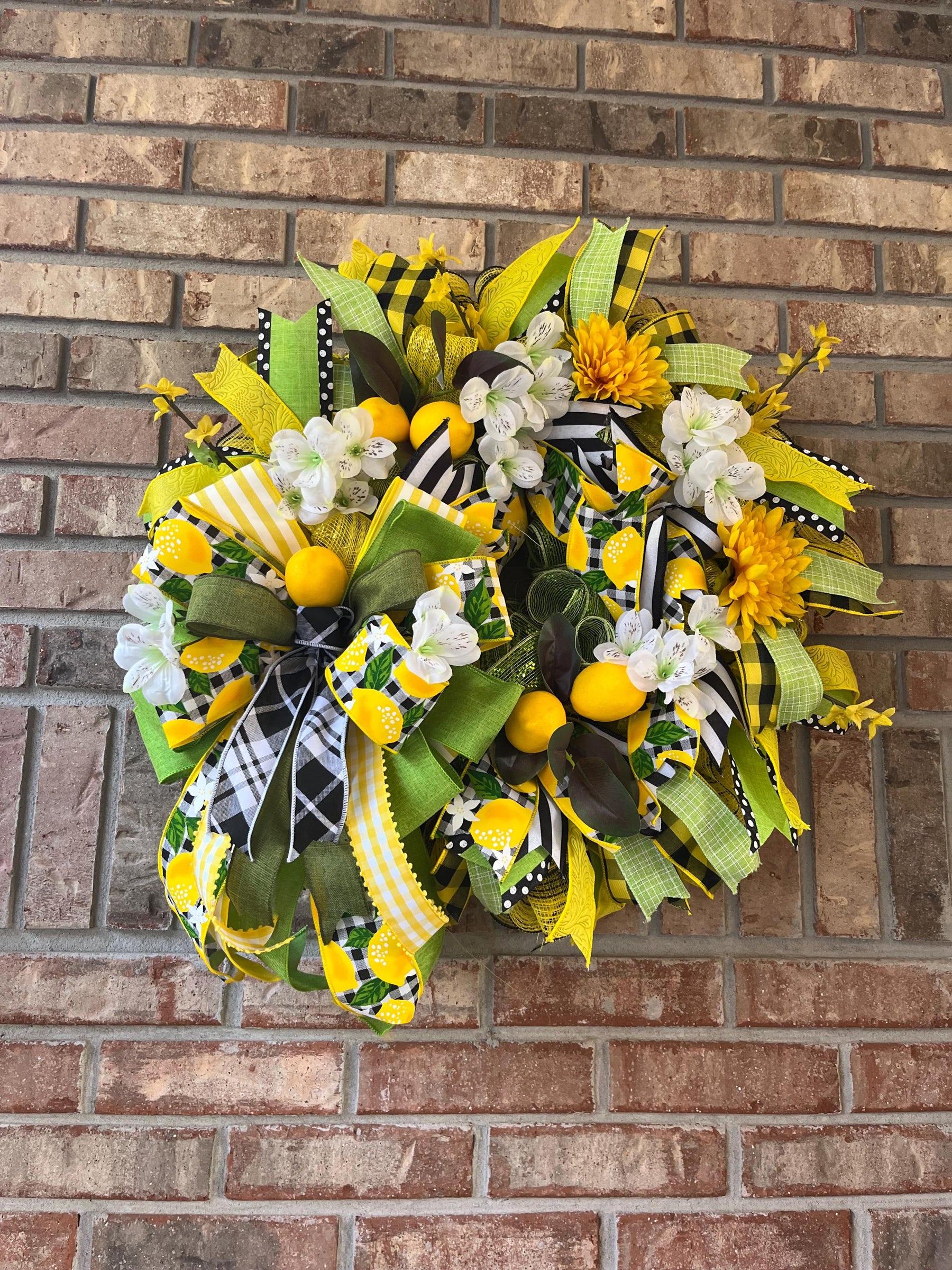 Lemon Summer Wreath | Yellow Floral Gingham Door Decor by Bouge Creations, view 7