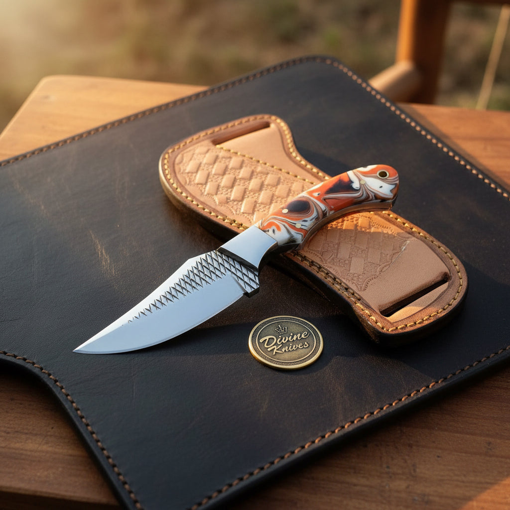 Orange Marble Resin Cowboy Belt Knife with product detail, view 3