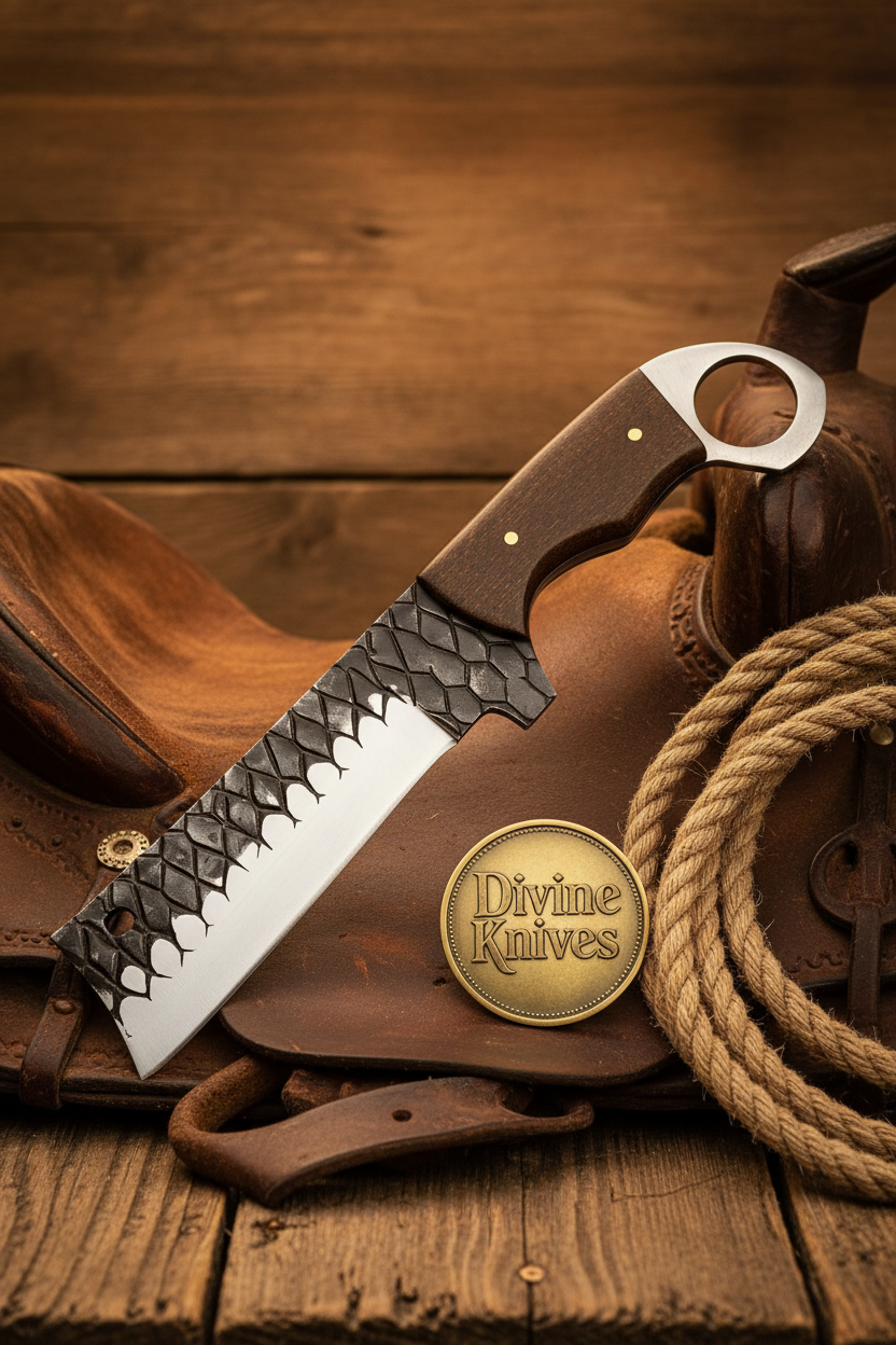 Ironwood Dragon Pattern Bull Cutter with Engraved Scale Blade detail view by Divine Knives