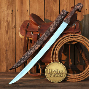Bone Handle Damascus Knife with Handcrafted Tooled Sheath detail view by Divine Knives