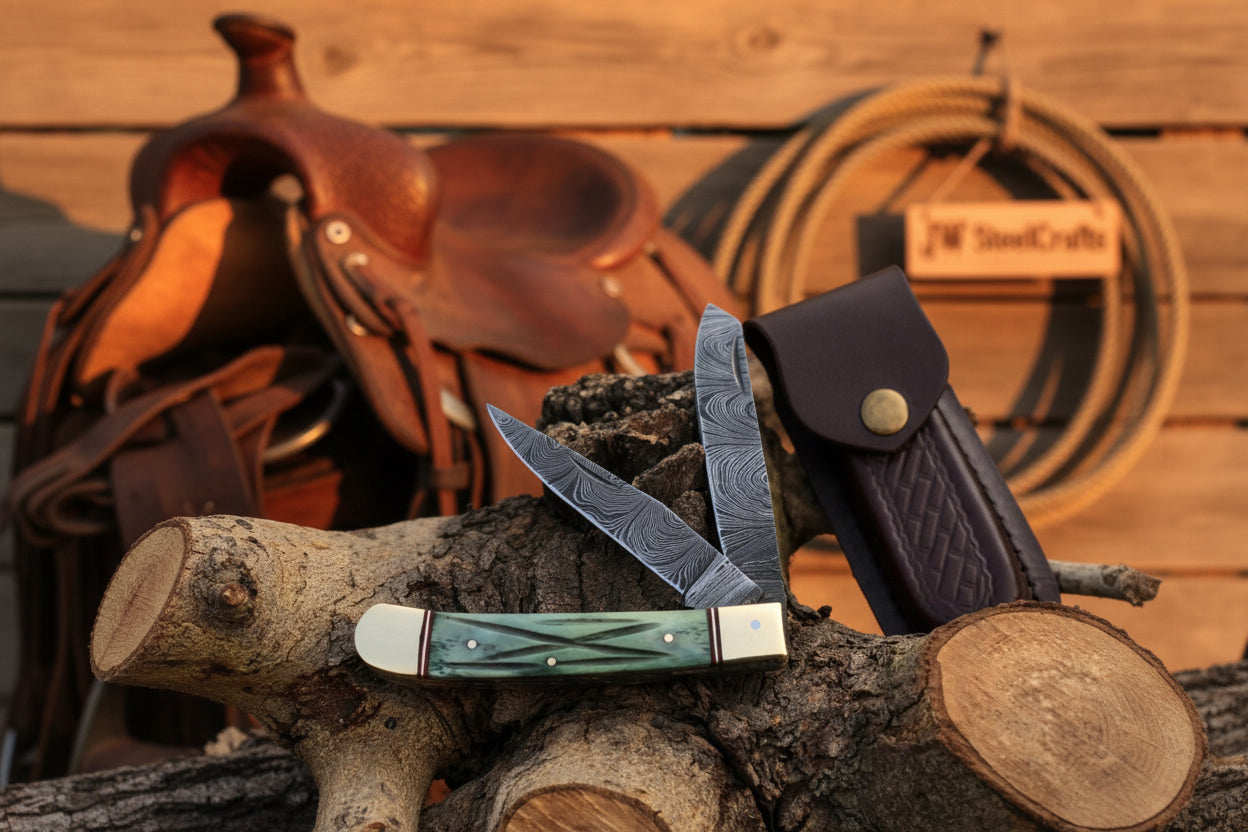 Damascus Trapper Pocket Knife – Two Blade Folding Knife with Green Bone Handle detail view by JW SteelCrafts