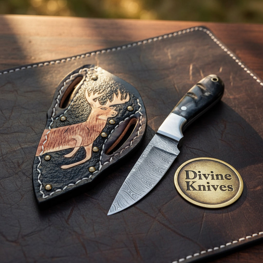 Buffalo Horn Damascus Mini Hunter with by Divine Knives