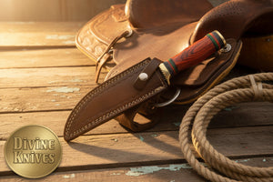 Field-Ready Damascus Gut Hook Knife with Rich Burgundy Wood Grip detail view by Divine Knives