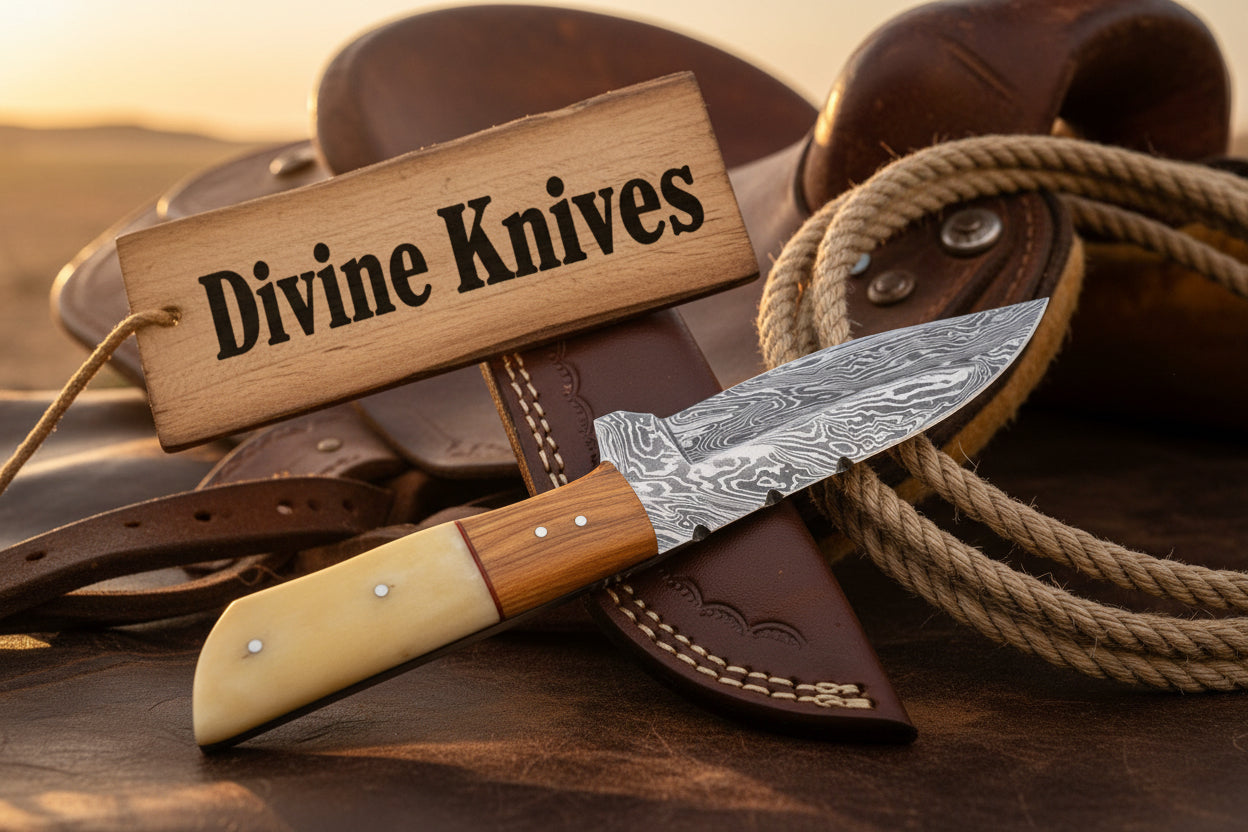 Bone and Wood Accent Damascus Knife Built for Field Dressing detail view by Divine Knives