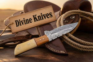 Bone and Wood Accent Damascus Knife Built for Field Dressing detail view by Divine Knives