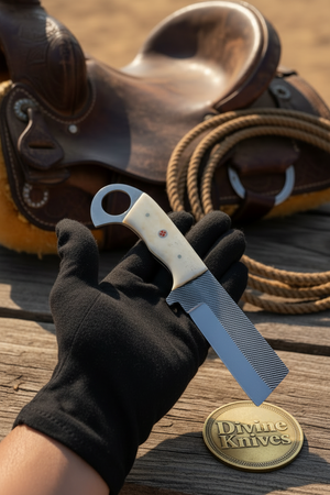 Rasp Steel Bone Bull Cutter with File Texture and Ring Handle detail view by Divine Knives