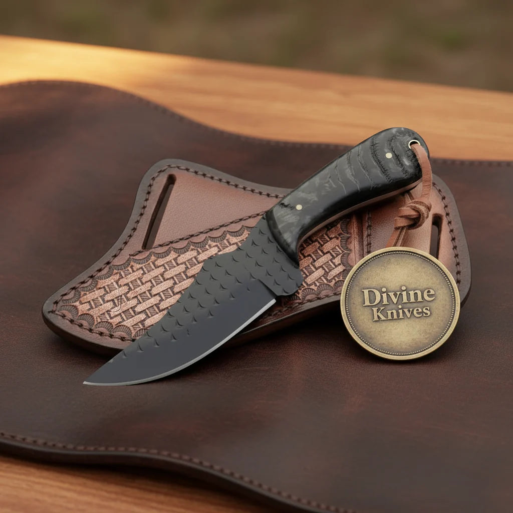 Blackened Fish-Scale Clip Point Hunter Knife by Divine Knives