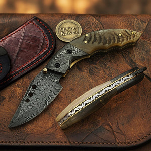 Damascus Ramhorn Liner Lock Pocket Knife with Natural Horn Scales