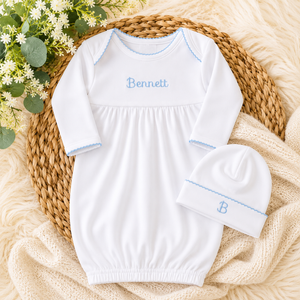 Personalized White Baby Gift Collection with Blue Picot Trim