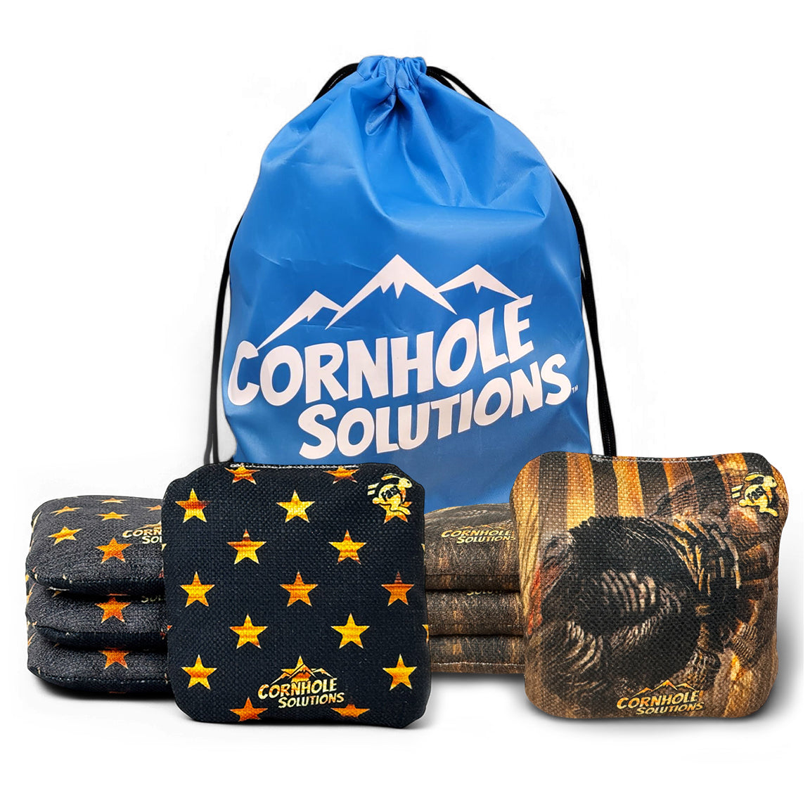 Turkey/Rustic Stars - Pro Style REC Cornhole Bags – Regulation 6"x6" – Full Set of 8 by Cornhole Solutions, custom cornhole board main product photo