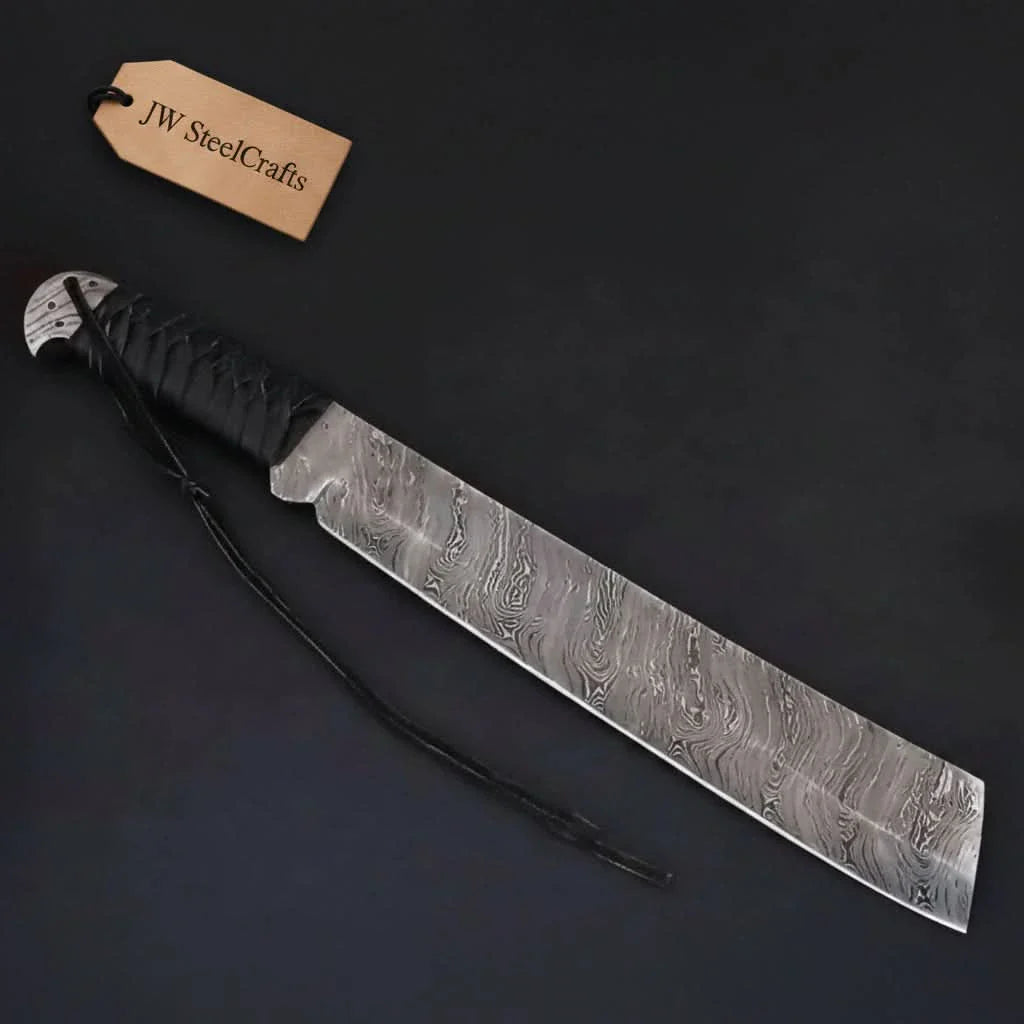 9 Inch Damascus Steel Tanto Knife with Cord Wrapped Handle – 16 Inch Overall by JW SteelCrafts, Damascus knife detail photo 3