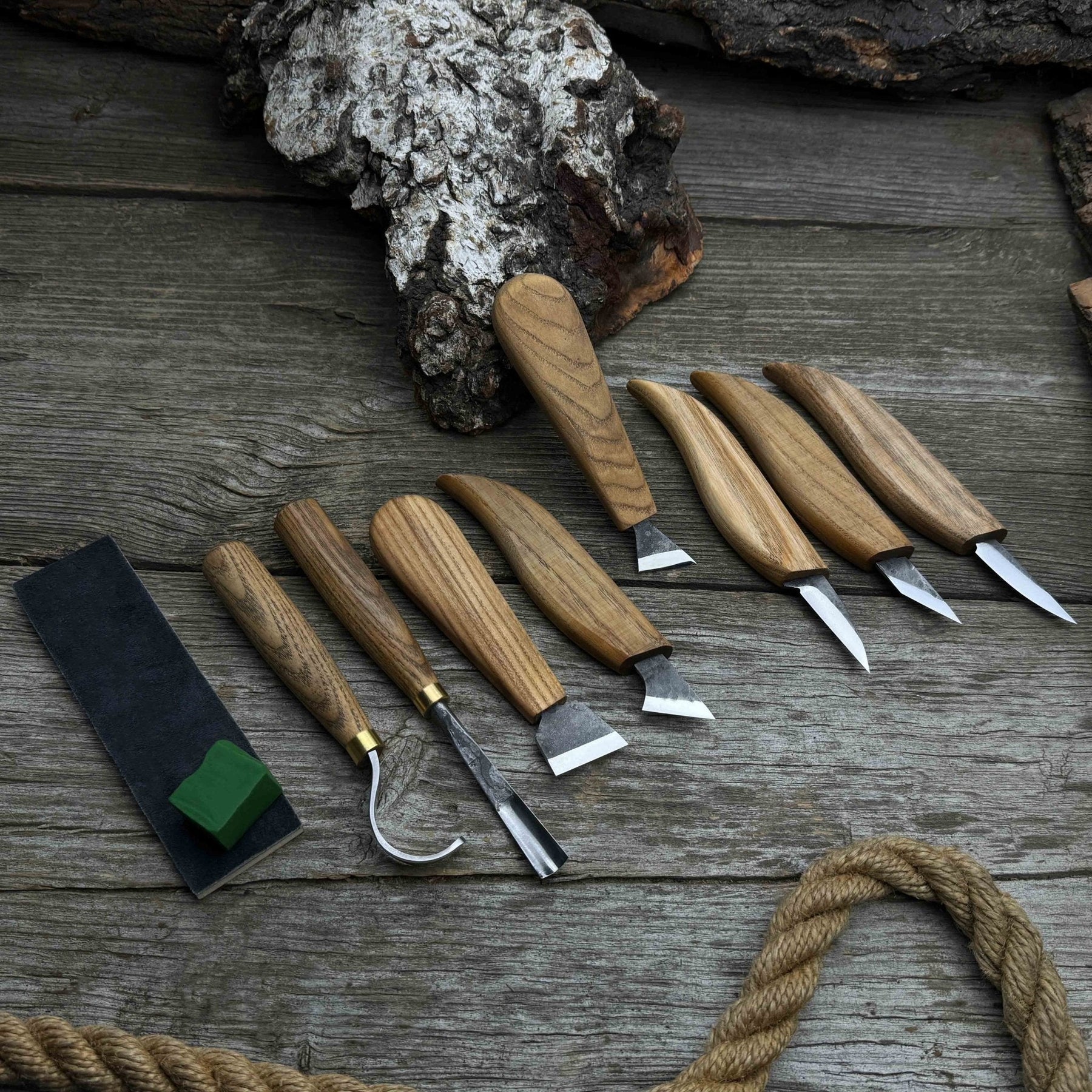 9-Piece Spoon Carving Tool Set with Sharpening Board detail view by Sharky Forged Steel Tools