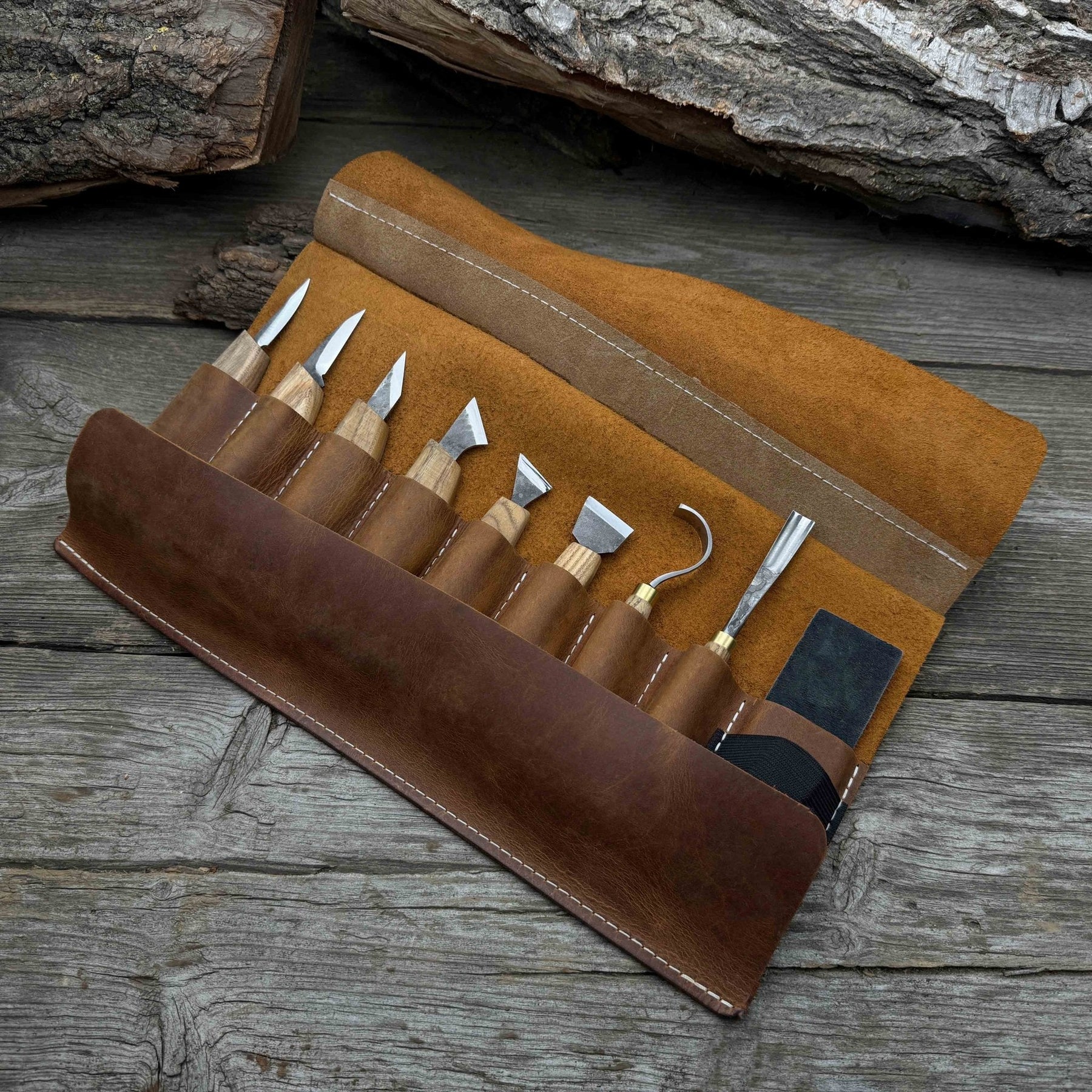 9-Piece Spoon Carving Tool Set with Sharpening Board by Sharky Forged Steel Tools