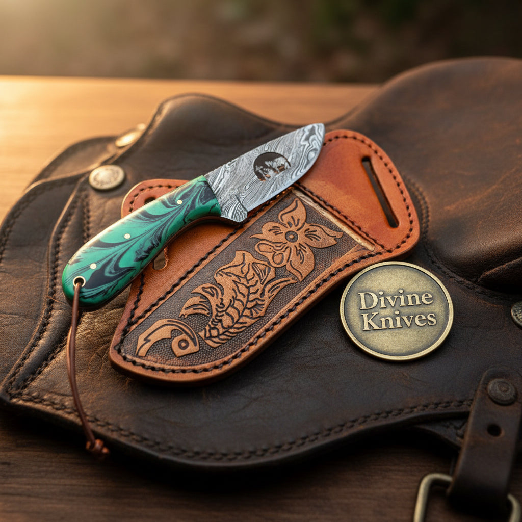 Praying Cutout Cowboy Knife with Teal by Divine Knives