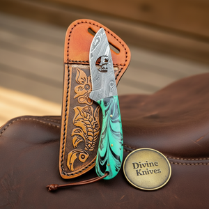Praying Cutout Cowboy Knife with Teal product detail, view 2