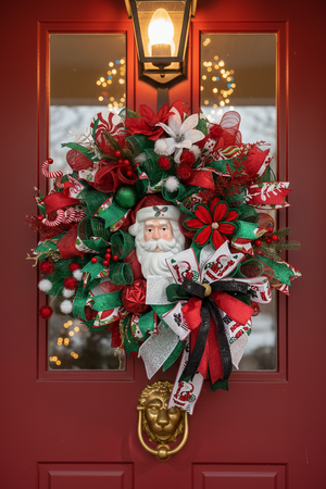 Christmas Wreath | Handmade Santa Christmas Wreath | Holiday Mesh, Festive Decor detail view by Bouge Creations