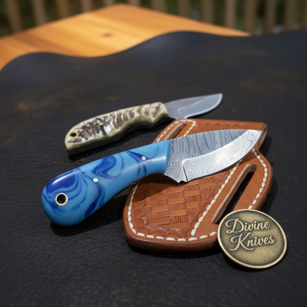 Blue Resin & Stag Horn Skinner Combo Set by Divine Knives