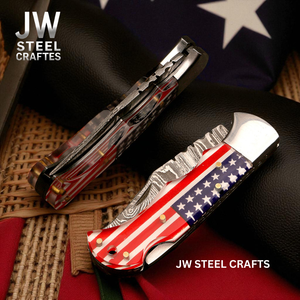 American Flag Damascus Folding Hunter with Ram Horn Handle detail view by JW SteelCrafts