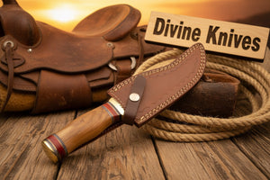 Brass Guard Damascus Gut Hook Knife with Multi Ring Wood Handle detail view by Divine Knives