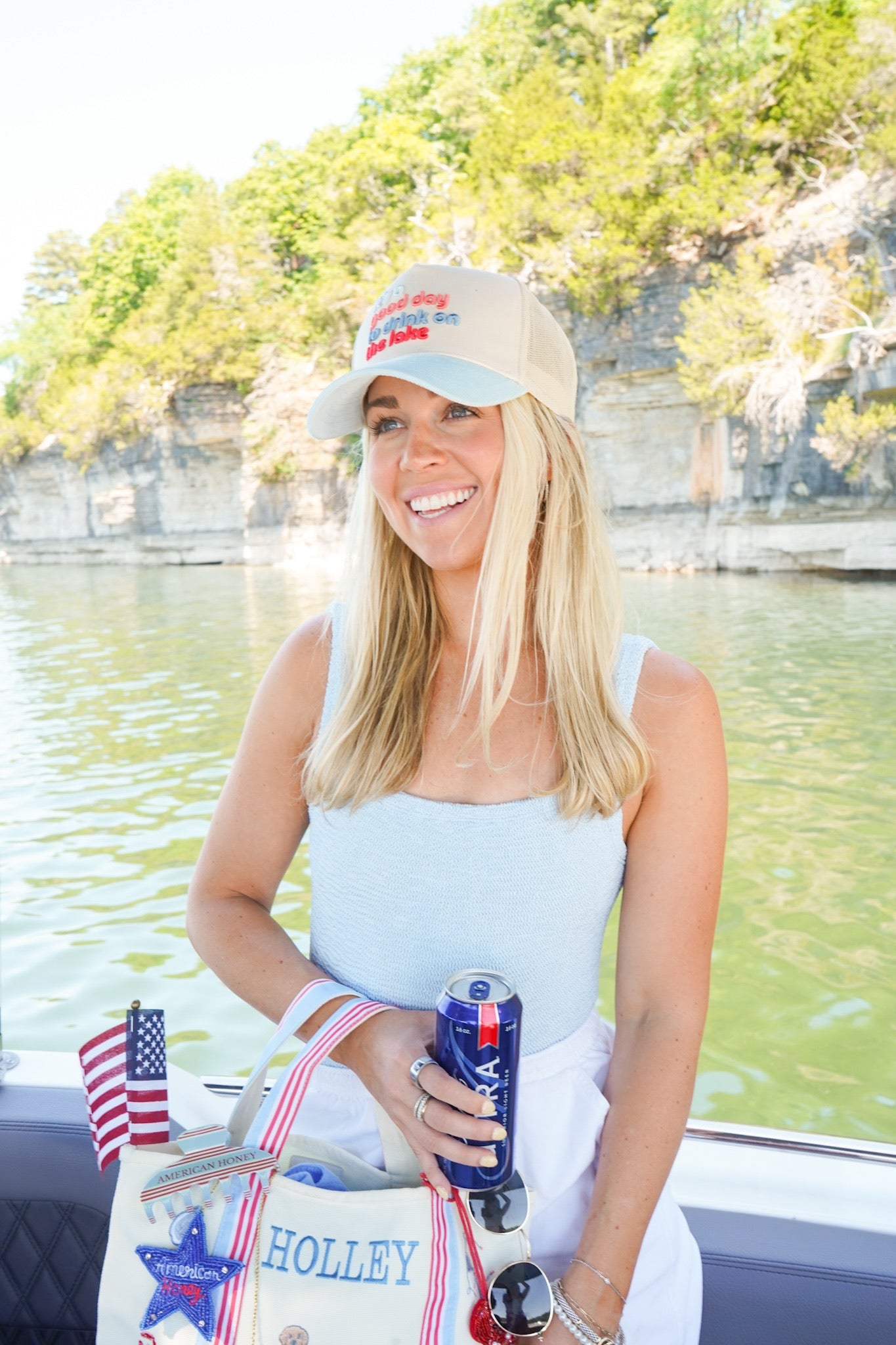 Good Day to Drink on the Lake - Baby Blue Corduroy Hat by KenzKustomz — product view 10