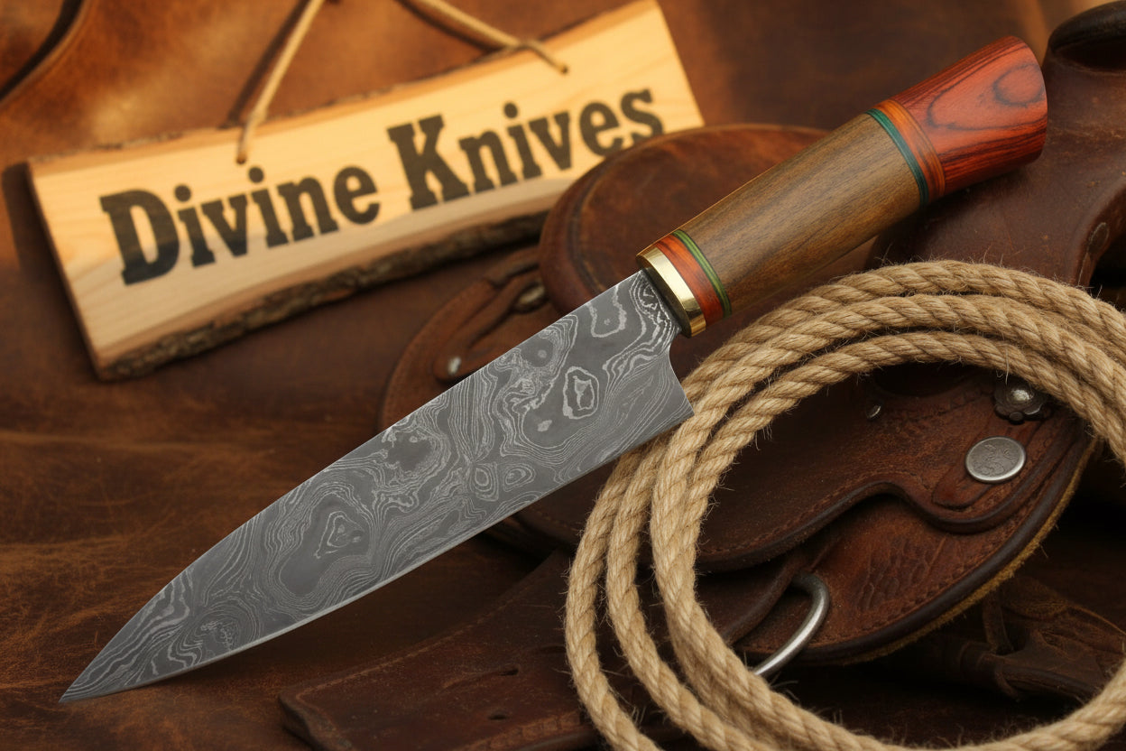 Red and Green Ring Accented Damascus Knife with Wood Tag detail view by Divine Knives