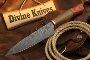 Red and Green Ring Accented Damascus Knife with Wood Tag detail view by Divine Knives