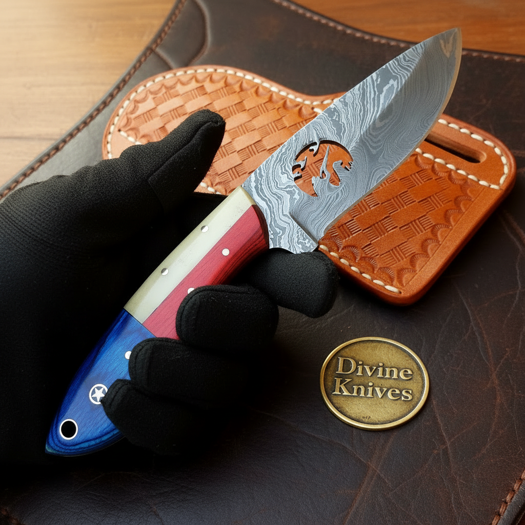 Duck Hunter Cutout Texas Flag Damascus Skinner by Divine Knives, product view 2