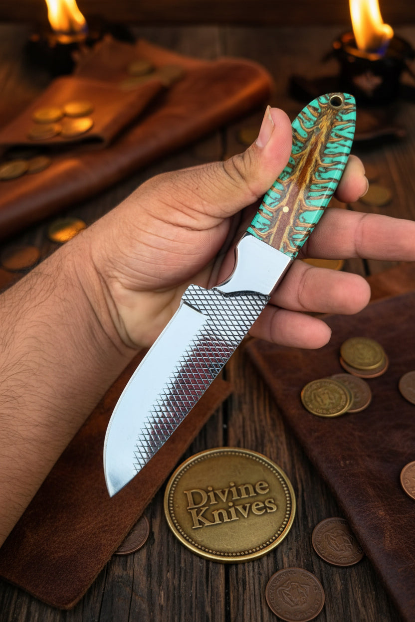 Emerald Pinecone Ranch Skinner Knife with Carved Wood Handle detail view by Divine Knives