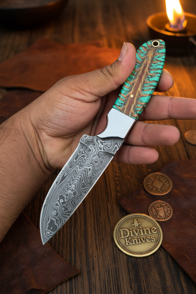 Emerald Pinecone Damascus Skinner Knife with Silver Bolster by Divine Knives