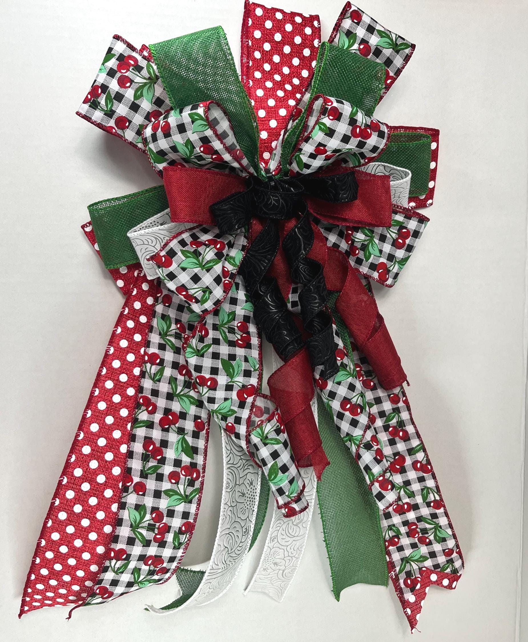 Cherry Gingham Door Bow | Red Polka Dot Wreath Decor by Bouge Creations, view 3