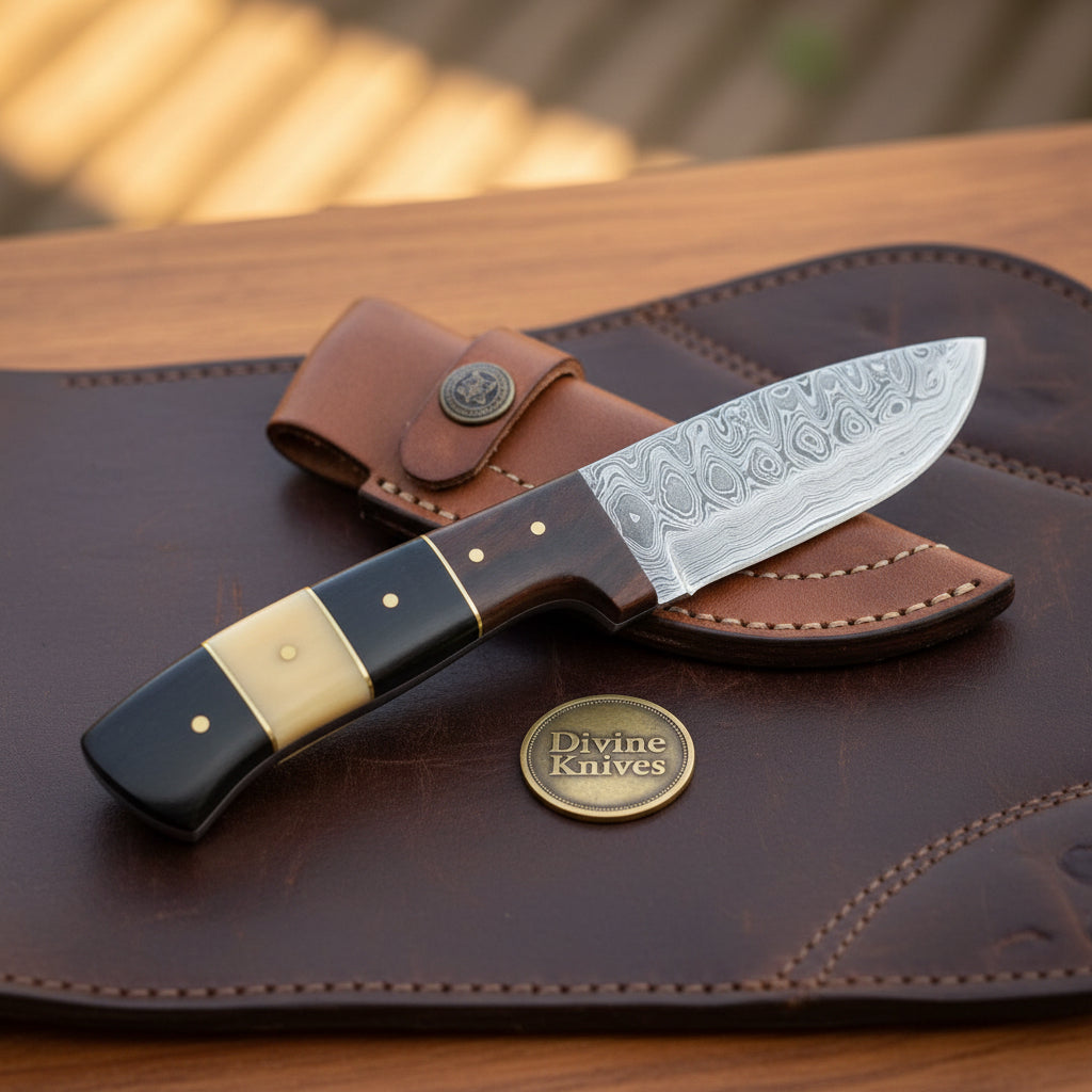 Damascus Bone Segmented Skinner with Buffalo by Divine Knives