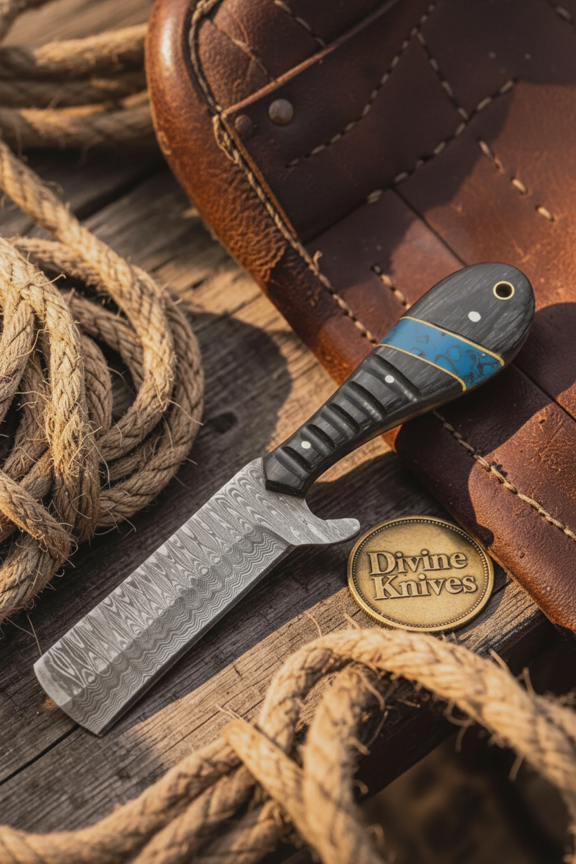 Micarta and Turquoise Bull Cutter with Scale Pattern Damascus Blade detail view by Divine Knives