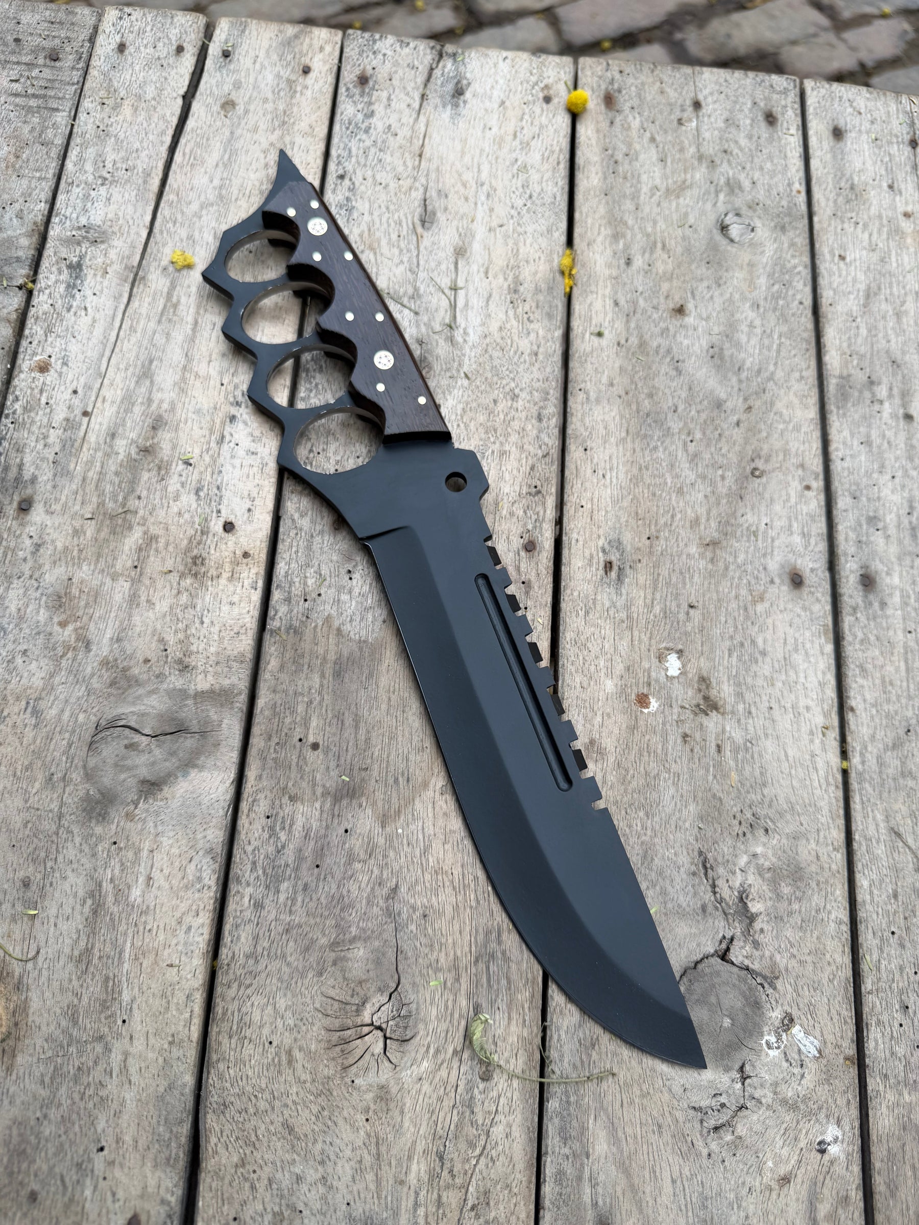 Knuckle Handle Tactical Knife Acid Etched Drop Point Fixed Blade detail view by JW SteelCrafts