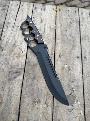 Knuckle Handle Tactical Knife Acid Etched Drop Point Fixed Blade detail view by JW SteelCrafts