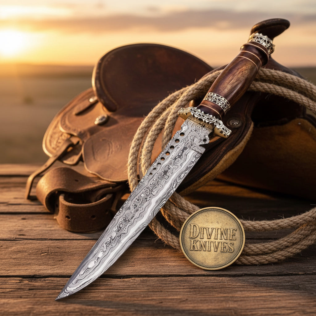 Ornate Filigree Damascus Bowie with Pierced Spine and Burl Wood Handle by Divine Knives