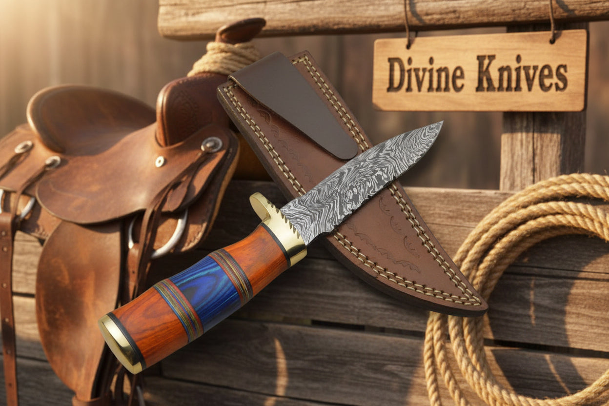 Multi Color Wood Damascus Knife with Brass Bolster Detailing detail view by Divine Knives