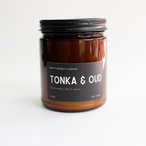 Tonka, Amaretto & Oud Soy Candle detail view by Pretty Honest Candles