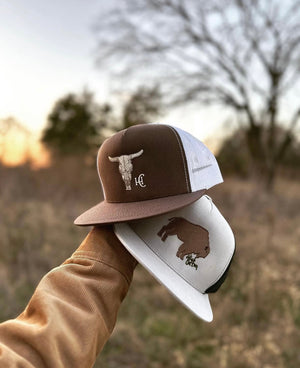 Detail view of Cow Skull Flat Bill Hat by High Cotton Hat Co