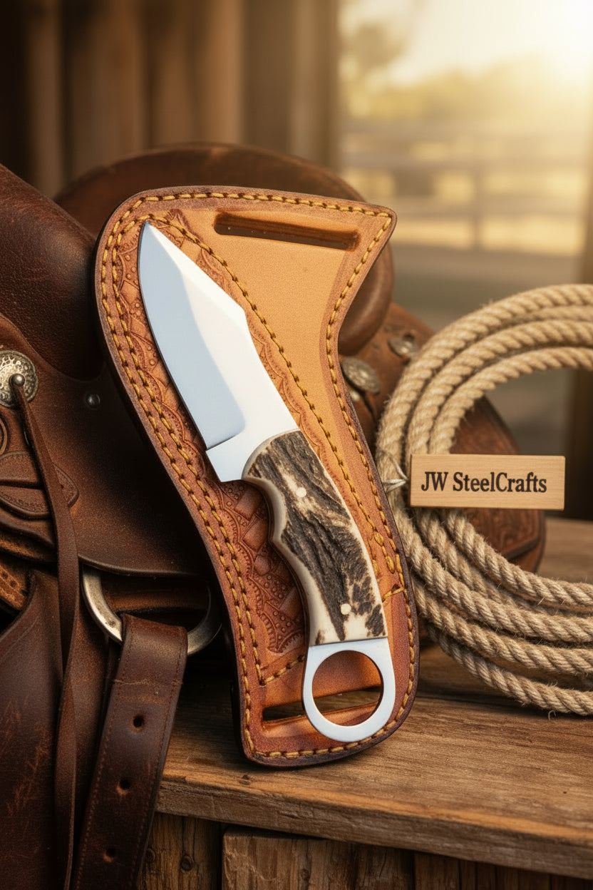 Finger Ring Stag Horn Caper Knife 8" Handmade Carbon Steel Blade