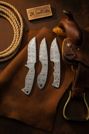 Damascus Knife Blanks Set 4.5 Inch Blades Fixed Blade DIY Trio detail view by JW SteelCrafts