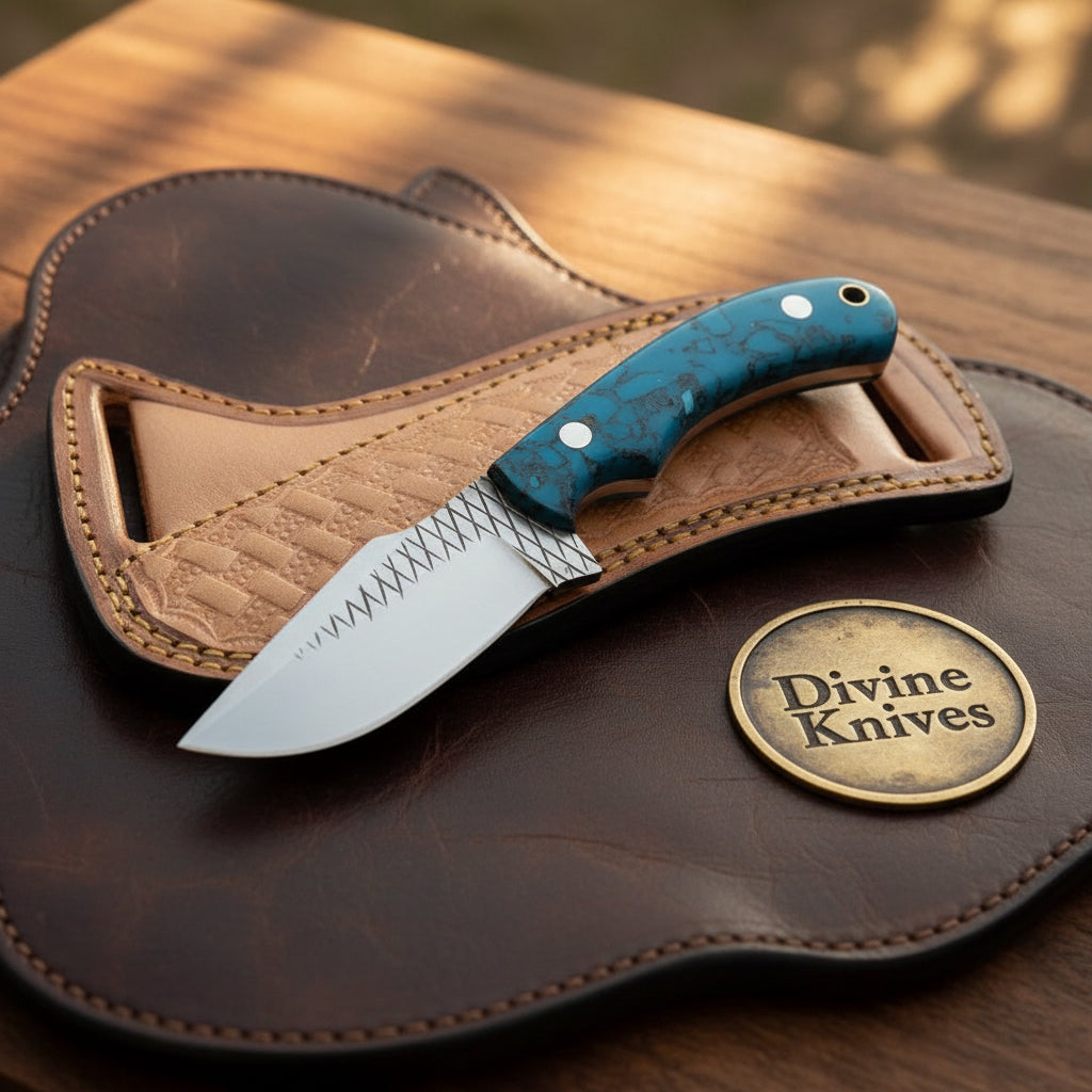Turquoise Marble Rasp Cowboy Knife with by Divine Knives