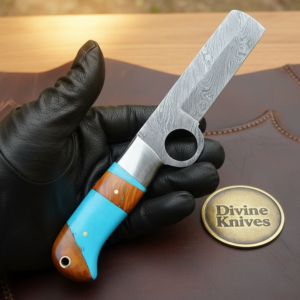 Turquoise Damascus Bull Cutter & Skinner Set by Divine Knives
